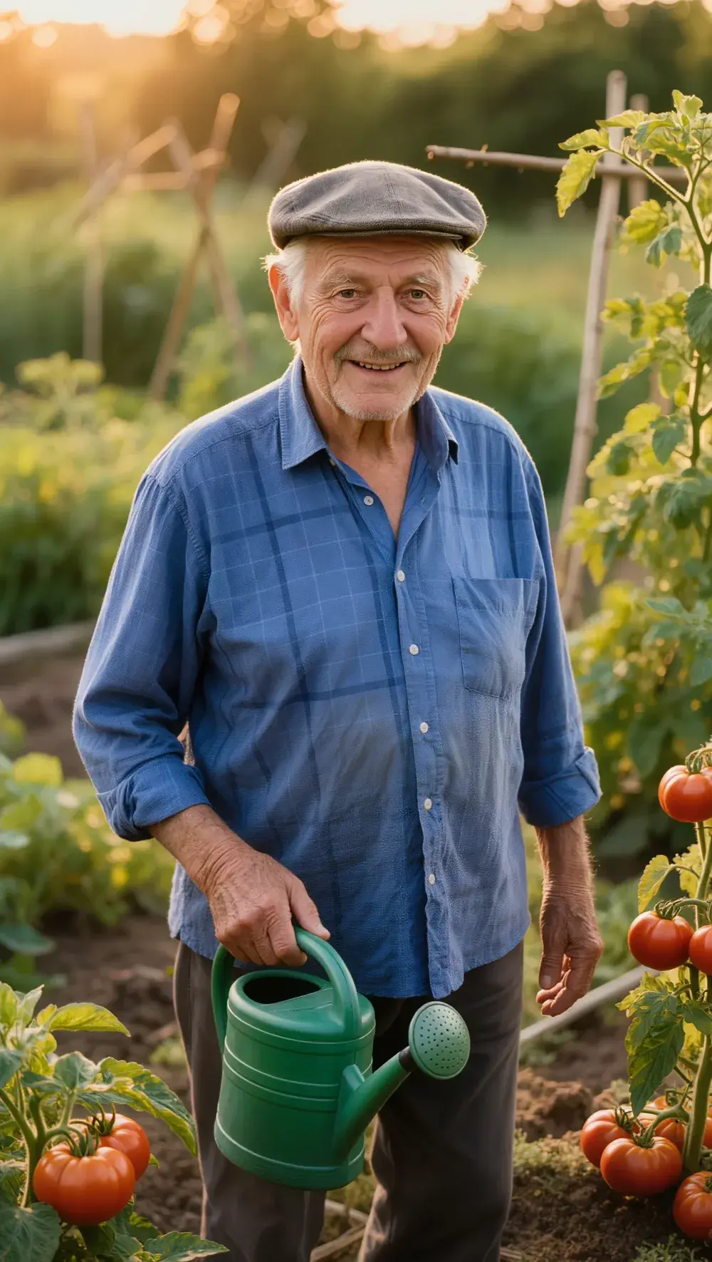 Un grand-père souriant dans son potager, arrosoir à la main